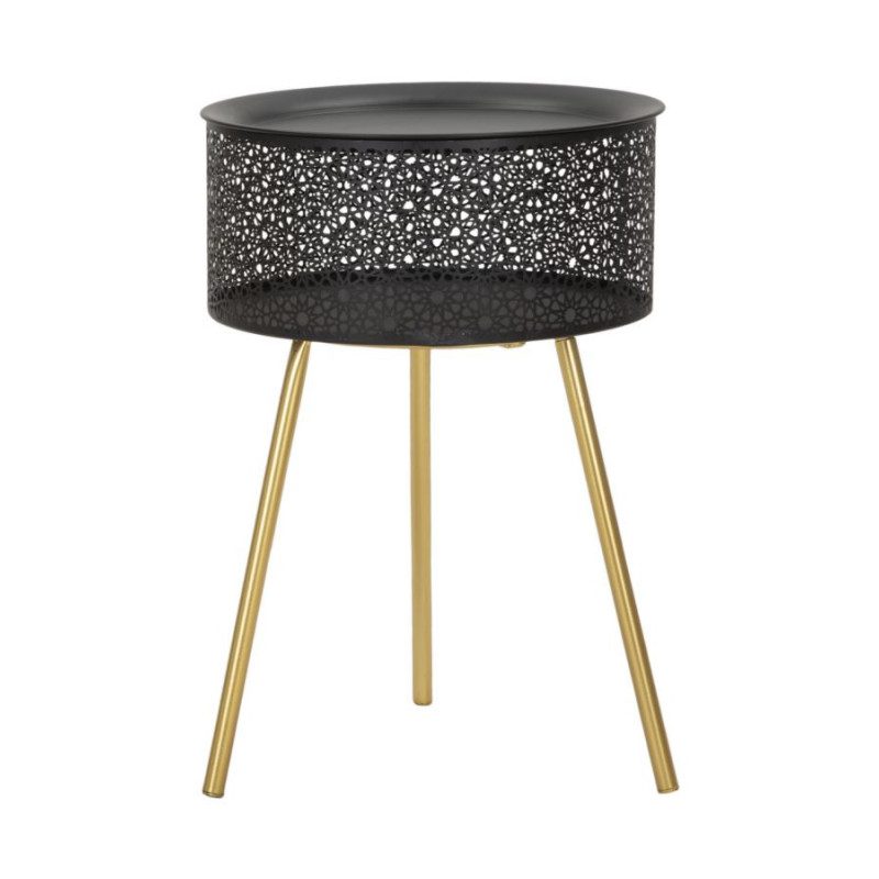 Table d'appoint moderne avec rangement Ronde 35 cm en Métal Noir Doré Glovy 