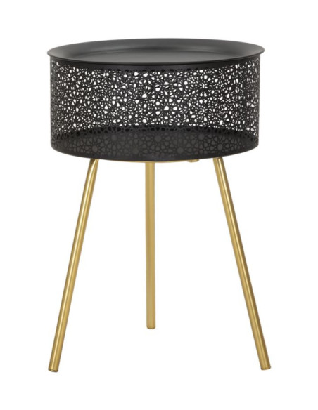 Table d'appoint moderne avec rangement Ronde 35 cm en Métal Noir Doré Glovy 