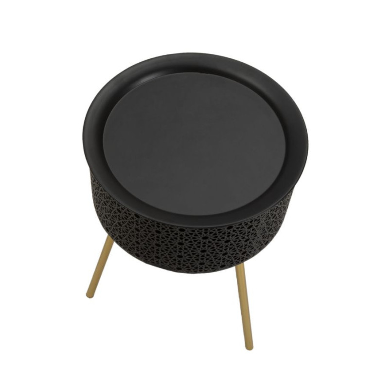 Table d'appoint moderne avec rangement Ronde 35 cm en Métal Noir Doré Glovy 