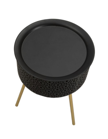 Table d'appoint moderne avec rangement Ronde 35 cm en Métal Noir Doré Glovy 