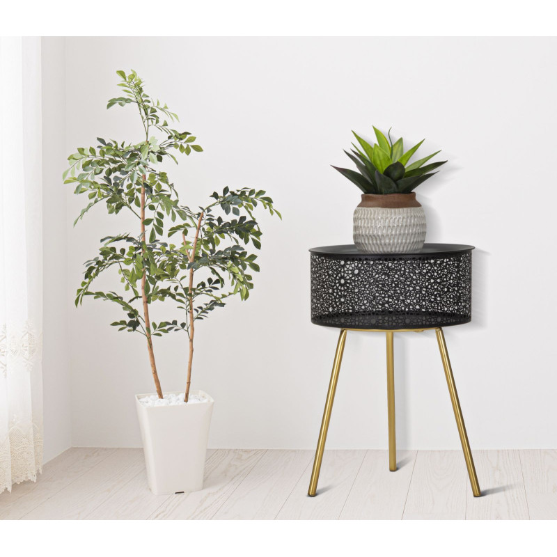 Table d'appoint moderne avec rangement Ronde 35 cm en Métal Noir Doré Glovy 