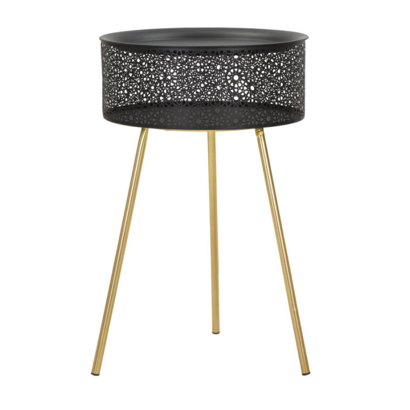 Table d'appoint moderne avec rangement Ronde 40 cm en Métal Noir Doré Glovy 