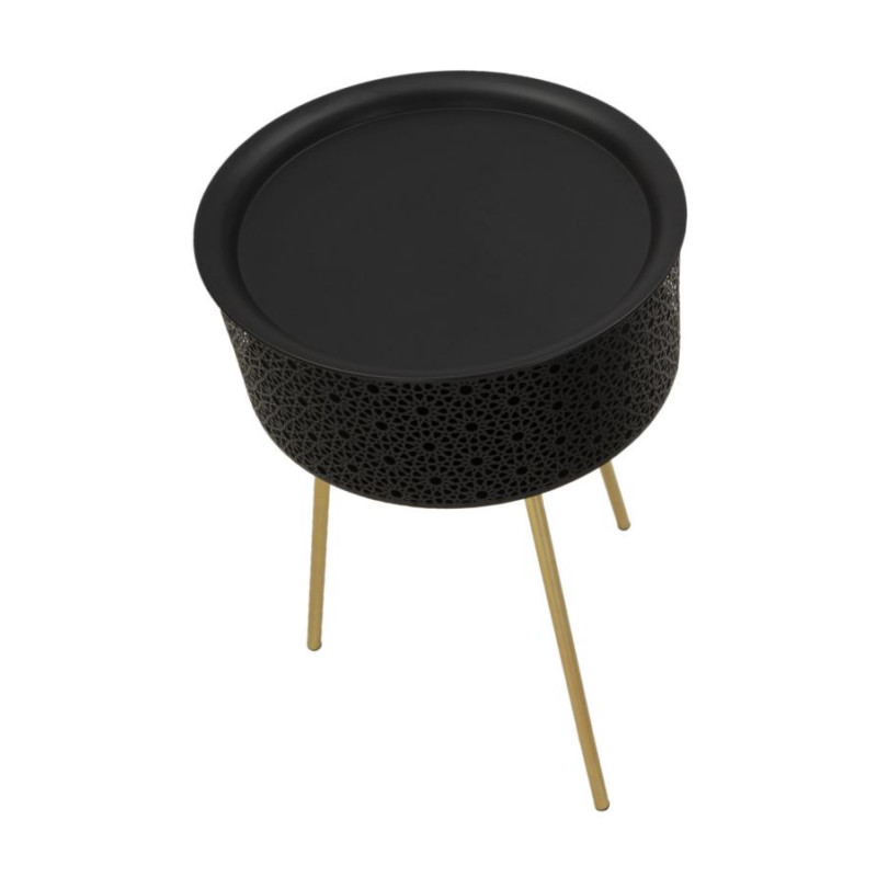 Table d'appoint moderne avec rangement Ronde 40 cm en Métal Noir Doré Glovy 