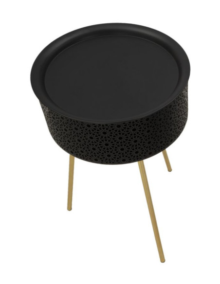 Table d'appoint moderne avec rangement Ronde 40 cm en Métal Noir Doré Glovy 
