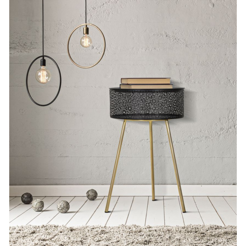 Table d'appoint moderne avec rangement Ronde 40 cm en Métal Noir Doré Glovy 