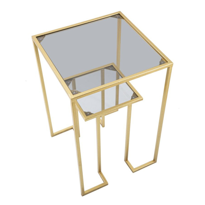Table d'appoint moderne Carrée 1 étagère en Métal Doré Verre Level 