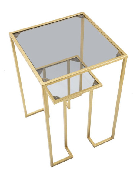 Table d'appoint moderne Carrée 1 étagère en Métal Doré Verre Level 