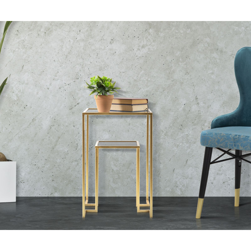 Table d'appoint moderne Carrée 1 étagère en Métal Doré Verre Level 