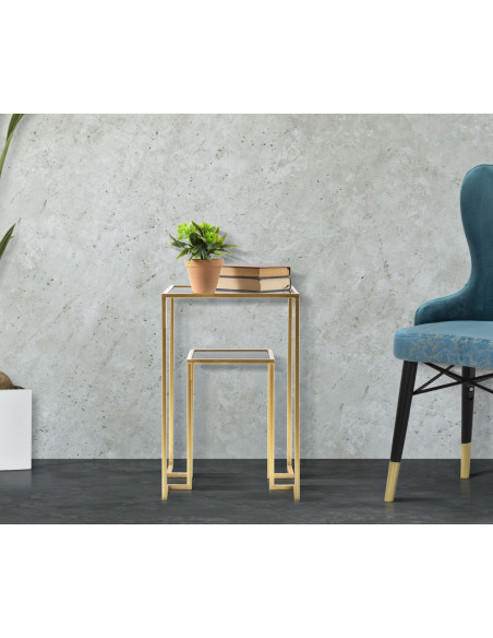 Table d'appoint moderne Carrée 1 étagère en Métal Doré Verre Level 