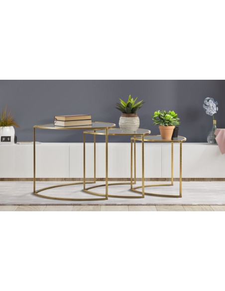 Table d'appoint moderne Triangulaire en Métal Doré Verre Triangle (Lot de 3) 