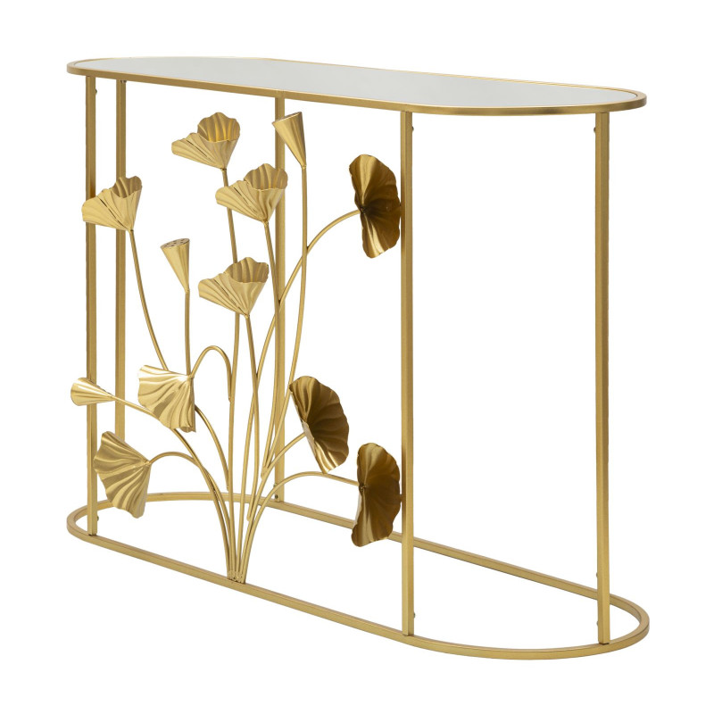 Console moderne Ovale en Métal Doré Miroir Motif fleurs Flow 