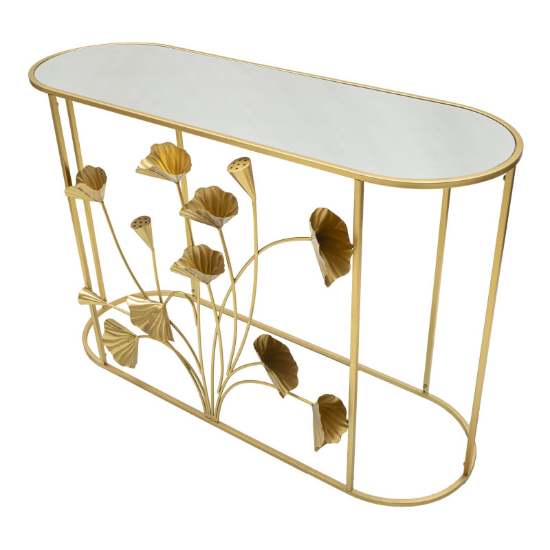 Console moderne Ovale en Métal Doré Miroir Motif fleurs Flow 