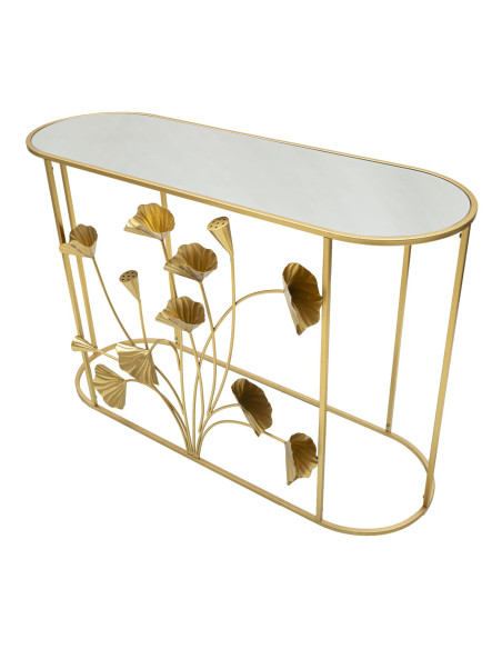 Console moderne Ovale en Métal Doré Miroir Motif fleurs Flow 