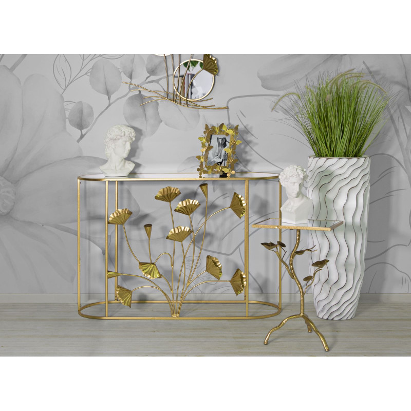 Console moderne Ovale en Métal Doré Miroir Motif fleurs Flow 