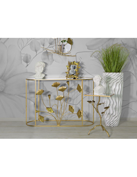 Console moderne Ovale en Métal Doré Miroir Motif fleurs Flow 