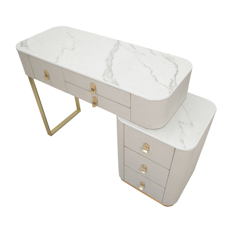 Bureau moderne 6 tiroirs en Velours Blanc crème Métal Doré Bois de pin Blanc Effet marbre Beauty Mauro Ferretti - 2