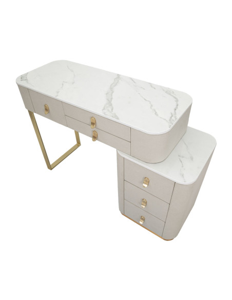 Bureau moderne 6 tiroirs en Velours Blanc crème Métal Doré Bois de pin Blanc Effet marbre Beauty Mauro Ferretti - 2