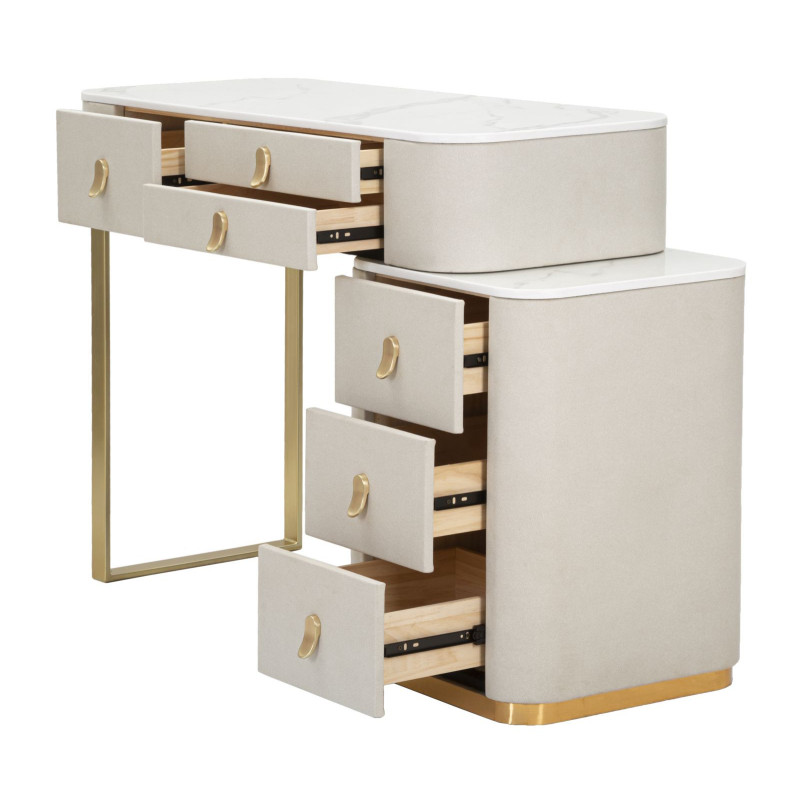 Bureau moderne 6 tiroirs en Velours Blanc crème Métal Doré Bois de pin Blanc Effet marbre Beauty Mauro Ferretti - 4