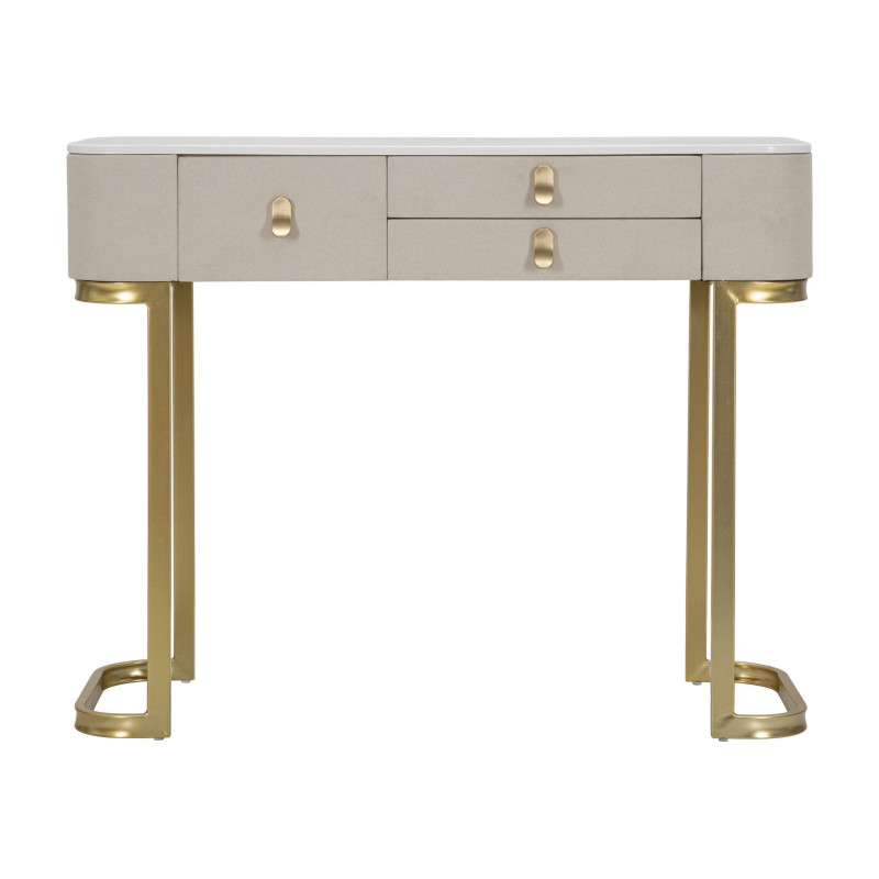Console moderne Arrondie 3 tiroirs en Velours Blanc crème Métal Doré Bois de pin Blanc Effet marbre Beauty Mauro Ferretti - 3