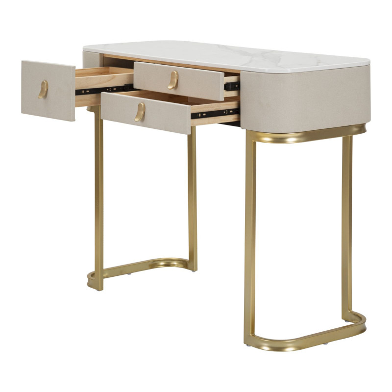 Console moderne Arrondie 3 tiroirs en Velours Blanc crème Métal Doré Bois de pin Blanc Effet marbre Beauty Mauro Ferretti - 4
