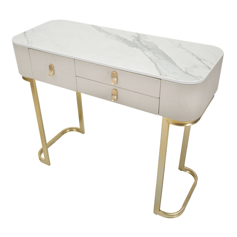 Console moderne Arrondie 3 tiroirs en Velours Blanc crème Métal Doré Bois de pin Blanc Effet marbre Beauty Mauro Ferretti - 6