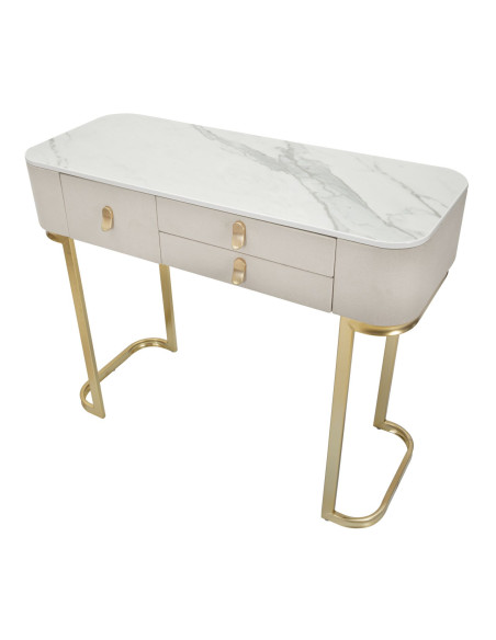 Console moderne Arrondie 3 tiroirs en Velours Blanc crème Métal Doré Bois de pin Blanc Effet marbre Beauty Mauro Ferretti - 6