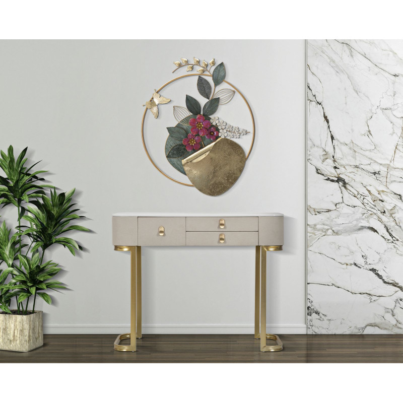 Console moderne Arrondie 3 tiroirs en Velours Blanc crème Métal Doré Bois de pin Blanc Effet marbre Beauty Mauro Ferretti - 2
