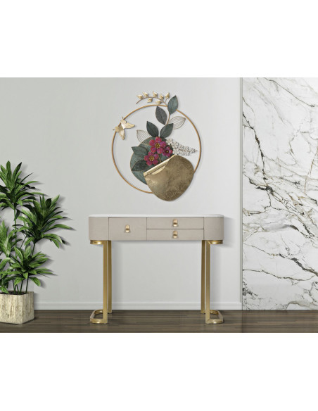 Console moderne Arrondie 3 tiroirs en Velours Blanc crème Métal Doré Bois de pin Blanc Effet marbre Beauty Mauro Ferretti - 2