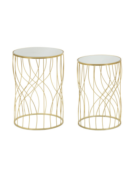 Table d'appoint moderne Ronde en Métal Doré Miroir Ligne (Lot de 2) 