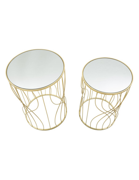 Table d'appoint moderne Ronde en Métal Doré Miroir Ligne (Lot de 2) 