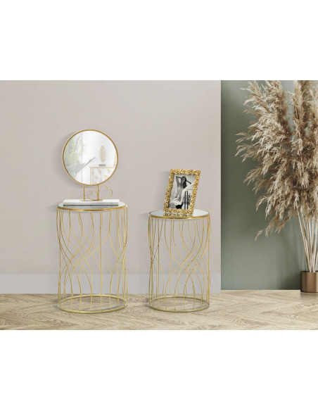 Table d'appoint moderne Ronde en Métal Doré Miroir Ligne (Lot de 2) 