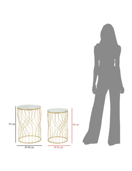 Table d'appoint moderne Ronde en Métal Doré Miroir Ligne (Lot de 2) 