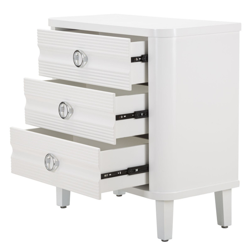 Commode moderne 3 tiroirs en Bois de sapin Blanc Métal Argenté Shine 