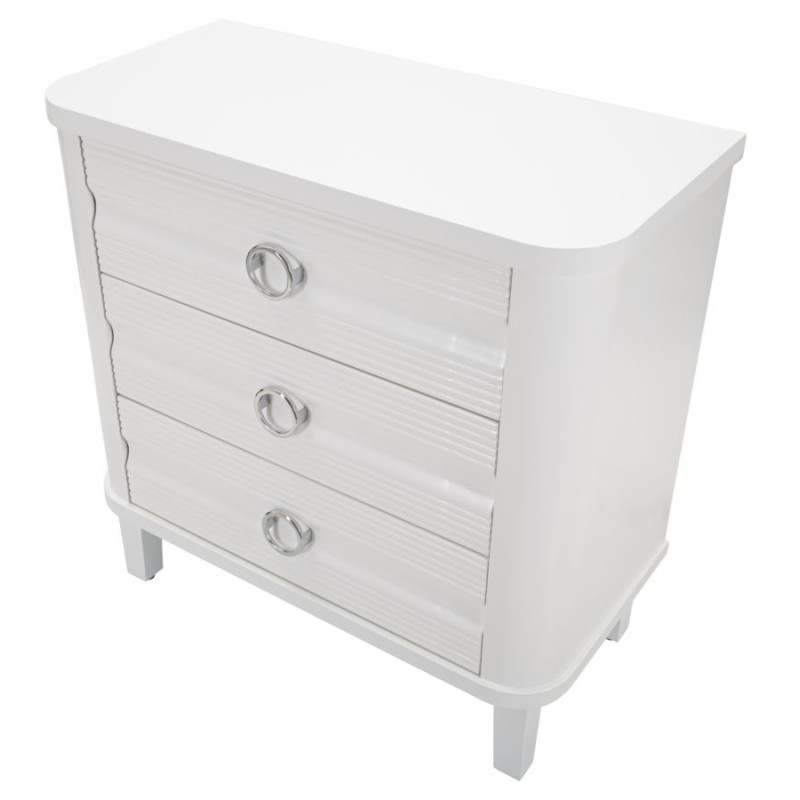 Commode moderne 3 tiroirs en Bois de sapin Blanc Métal Argenté Shine 