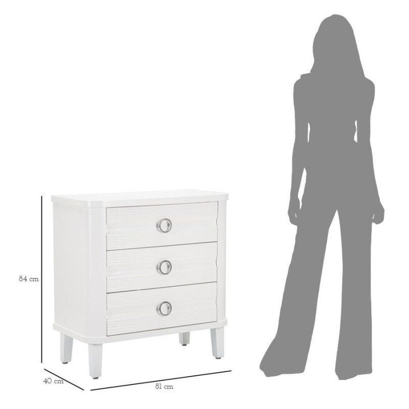 Commode moderne 3 tiroirs en Bois de sapin Blanc Métal Argenté Shine 