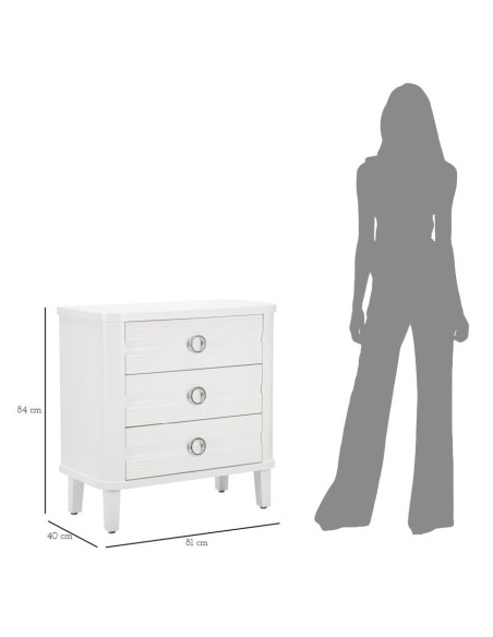 Commode moderne 3 tiroirs en Bois de sapin Blanc Métal Argenté Shine 