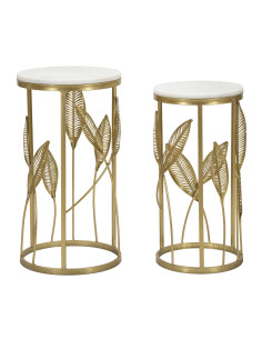 Table d'appoint moderne Ronde en Marbre Blanc Métal Doré Leaf (Lot de 2) 