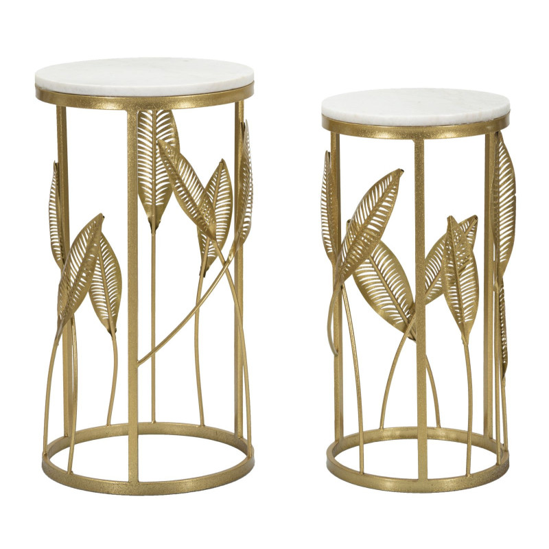 Table d'appoint moderne Ronde en Marbre Blanc Métal Doré Leaf (Lot de 2) 