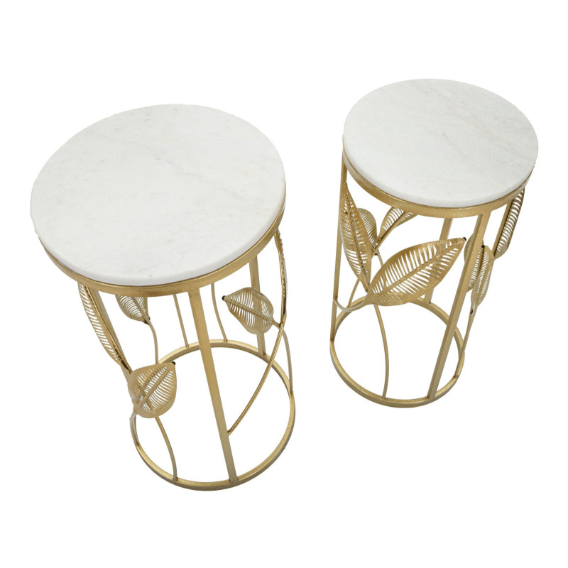 Table d'appoint moderne Ronde en Marbre Blanc Métal Doré Leaf (Lot de 2) 