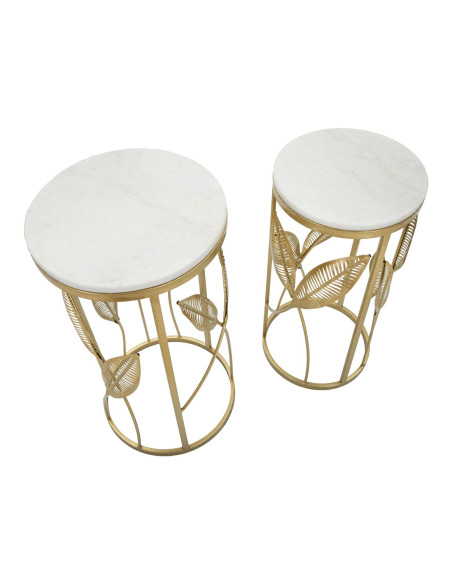 Table d'appoint moderne Ronde en Marbre Blanc Métal Doré Leaf (Lot de 2) 