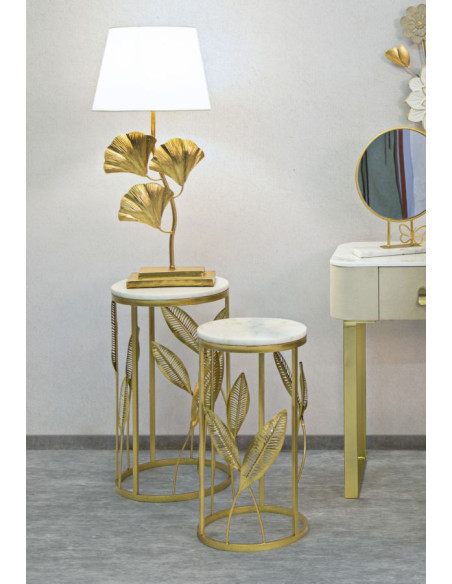 Table d'appoint moderne Ronde en Marbre Blanc Métal Doré Leaf (Lot de 2) 