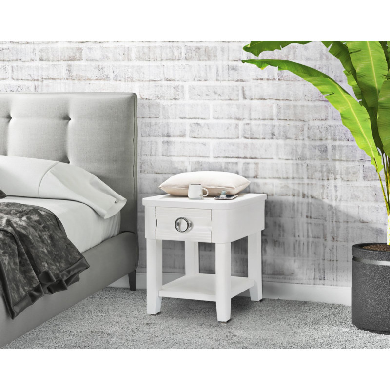 Chevet moderne 1 tiroir 1 étagère en Bois de sapin Blanc Métal Argenté Shine 