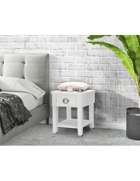 Chevet moderne 1 tiroir 1 étagère en Bois de sapin Blanc Métal Argenté Shine 