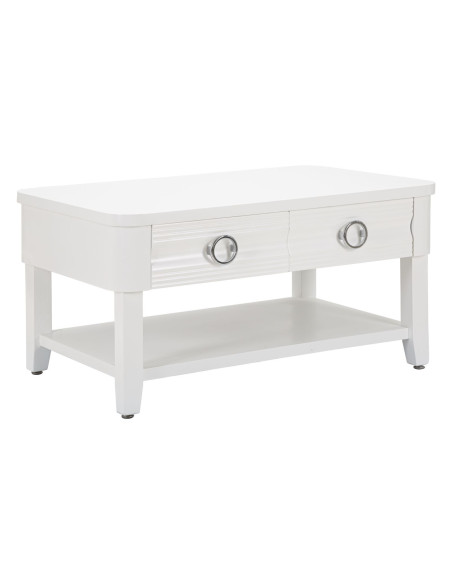 Table basse moderne Rectangulaire 2 tiroirs 1 étagère en Bois de sapin Blanc Métal Argenté Shine 