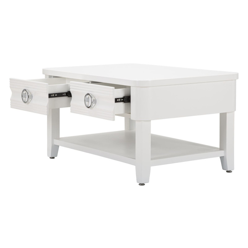 Table basse moderne Rectangulaire 2 tiroirs 1 étagère en Bois de sapin Blanc Métal Argenté Shine 
