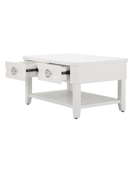 Table basse moderne Rectangulaire 2 tiroirs 1 étagère en Bois de sapin Blanc Métal Argenté Shine 