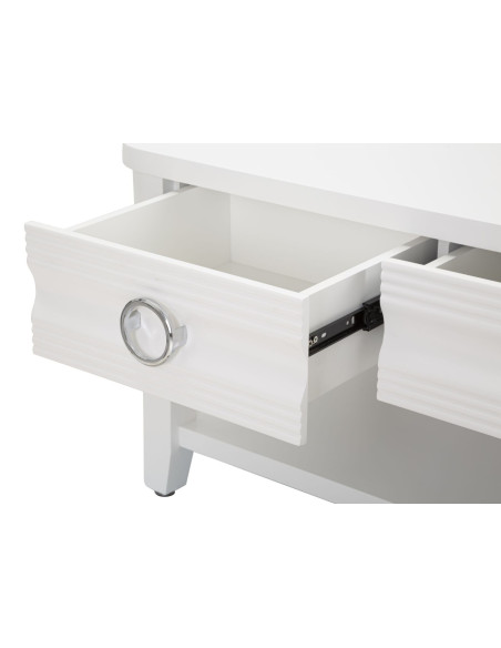 Table basse moderne Rectangulaire 2 tiroirs 1 étagère en Bois de sapin Blanc Métal Argenté Shine 