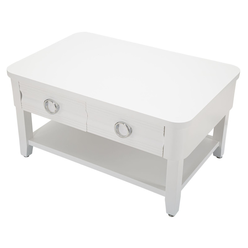 Table basse moderne Rectangulaire 2 tiroirs 1 étagère en Bois de sapin Blanc Métal Argenté Shine 