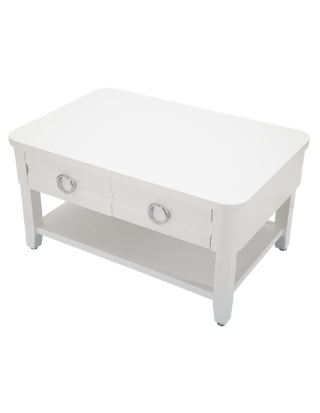 Table basse moderne Rectangulaire 2 tiroirs 1 étagère en Bois de sapin Blanc Métal Argenté Shine 