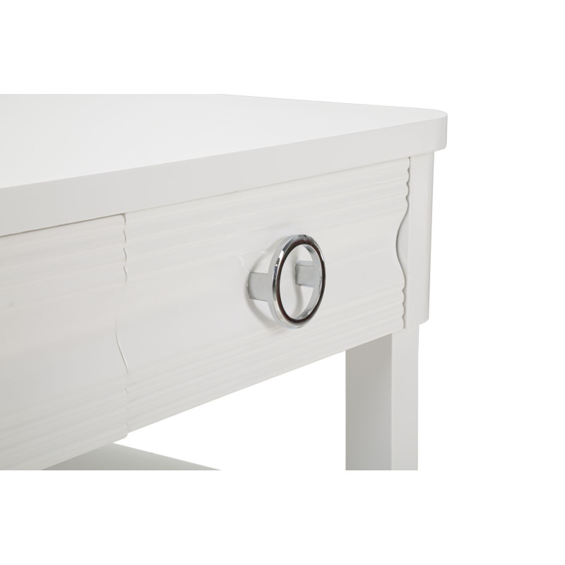 Table basse moderne Rectangulaire 2 tiroirs 1 étagère en Bois de sapin Blanc Métal Argenté Shine 